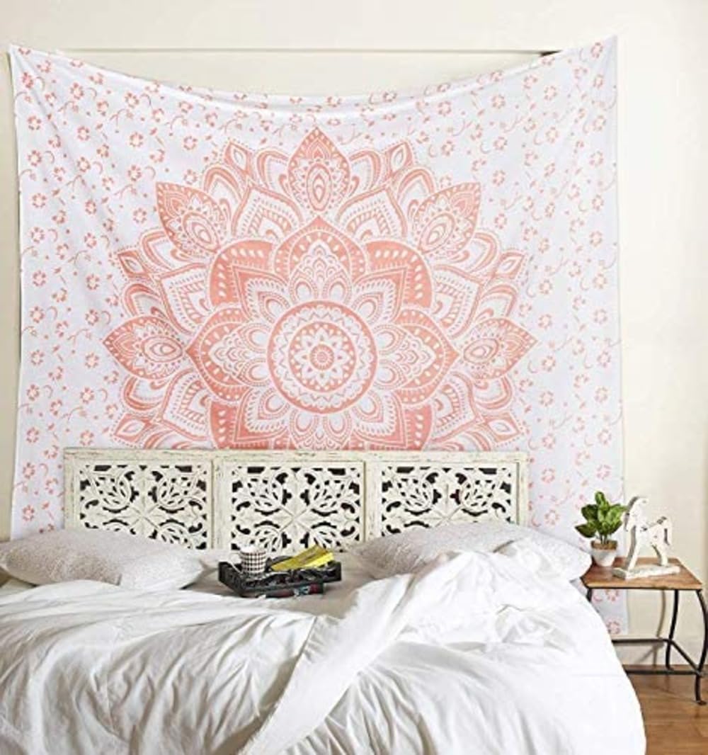 Bless International Indian Traditional Mandala Hippie Wall Hanging, Cotton Tapestry Ombre Bohemian Bedspread (King (88x104Inches)(225x265Cms)), Rose Gold Flower