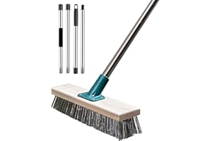 BSMstone Stainless Steel Wire Brush with Long Handle Deck Broom Brush Floor Scrubber Brush for Cleaning Outdoor Broom for Moss, Tough Stains on Concrete, Grout, Garden, Garage, Patio, Swimming Pool