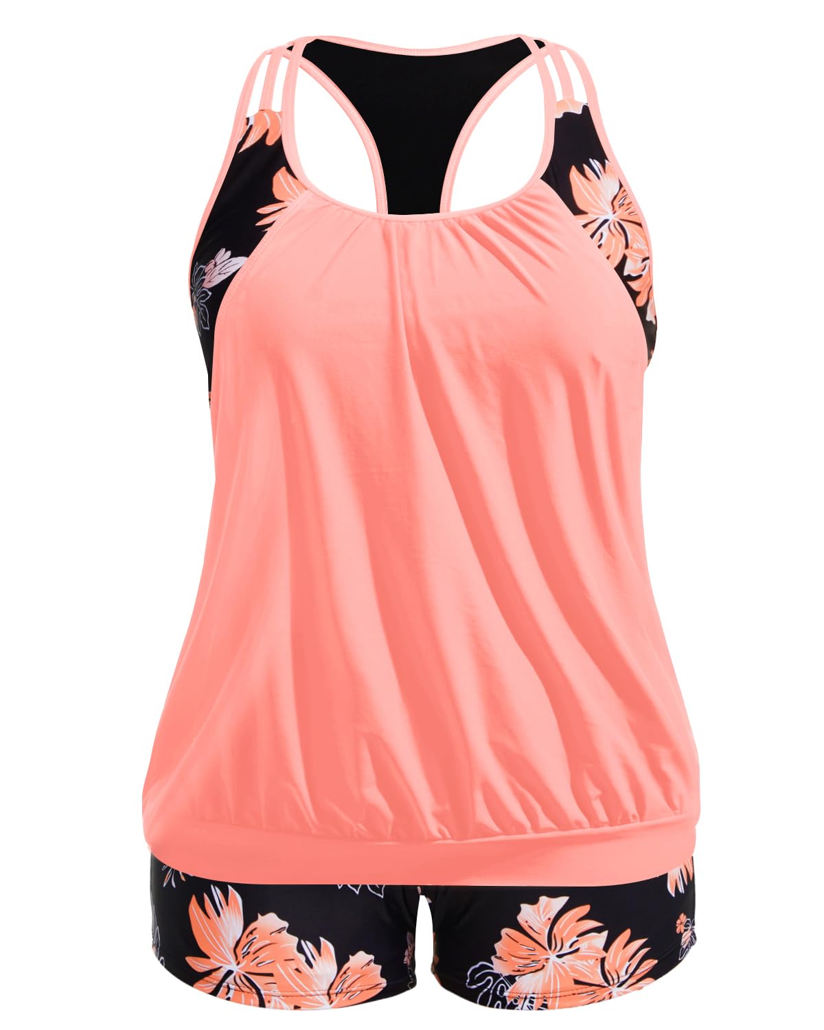 Photo 1 of Holipick Orange Floral Plus Size Tankini Swimsuit for Women Two Piece Tummy Control Bathing Suit Blouson Racerback Tankini Top with Shorts 18W