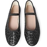 LUXMUWA Womens Black Woven Ballet Flats with Bow Round Toe Slip on Mary Jane Flats Ladies Fashion Elastic Strap Ballerina Shoes Size 8