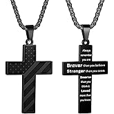 HattiDoris American Flag Cross Necklace for Men Stainless Steel Box Chain 22+2 inch Inspirational Bible Verse Cross Pendant Patriotic Jewelry Personalized Christian Gift for Men