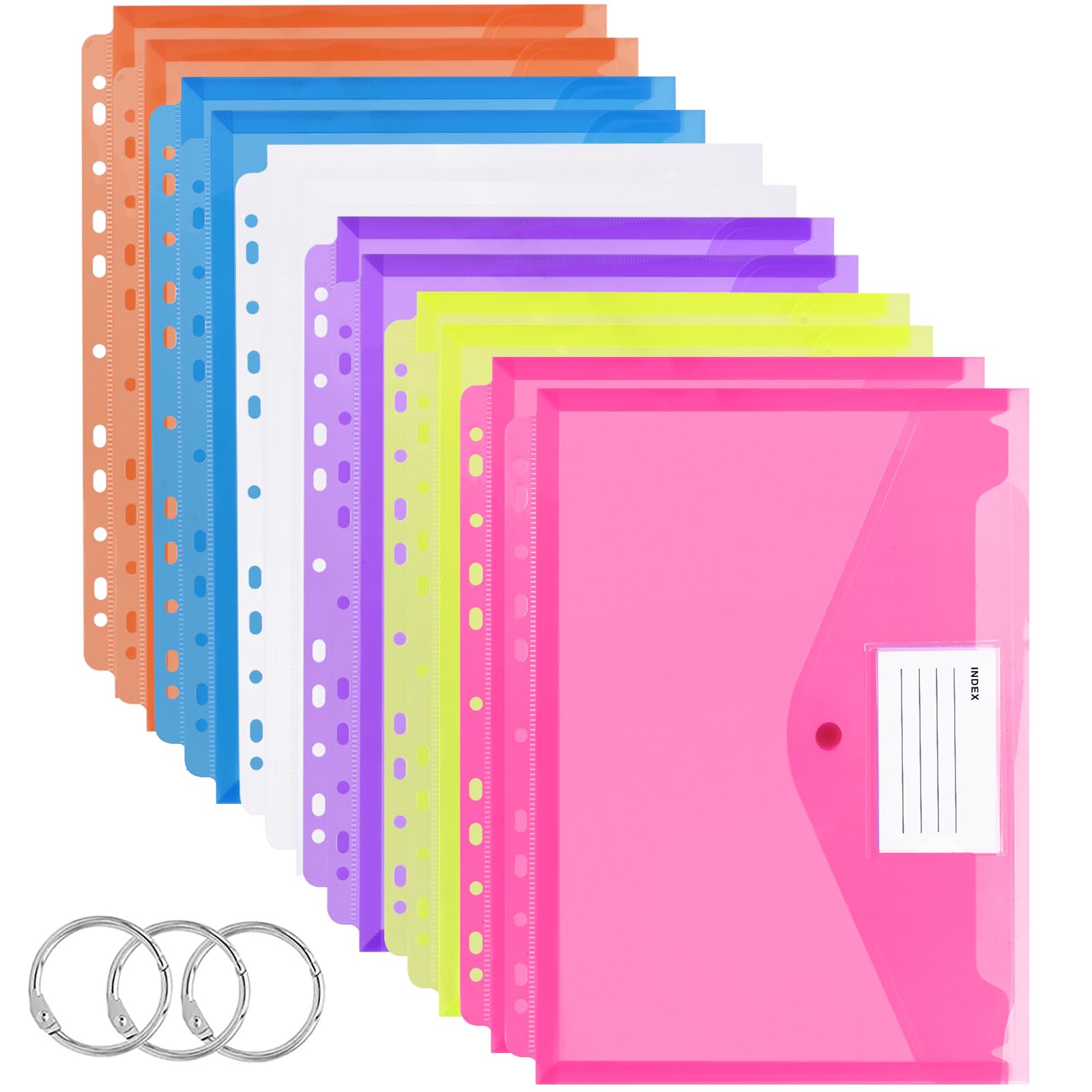 12 Pack Plastic Wallets A4 Plastic Folders with 3 Binder Rings, Punched Pockets A4 Polly Pockets Stationery, Colourful Document Files Popper Wallet for Ring Binder Folders, Lever Arch Files