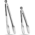 Hotec Stainless Steel Kitchen Tongs Set of 2 - 9" and 12", Locking Metal Food Tongs Non-Slip Grip