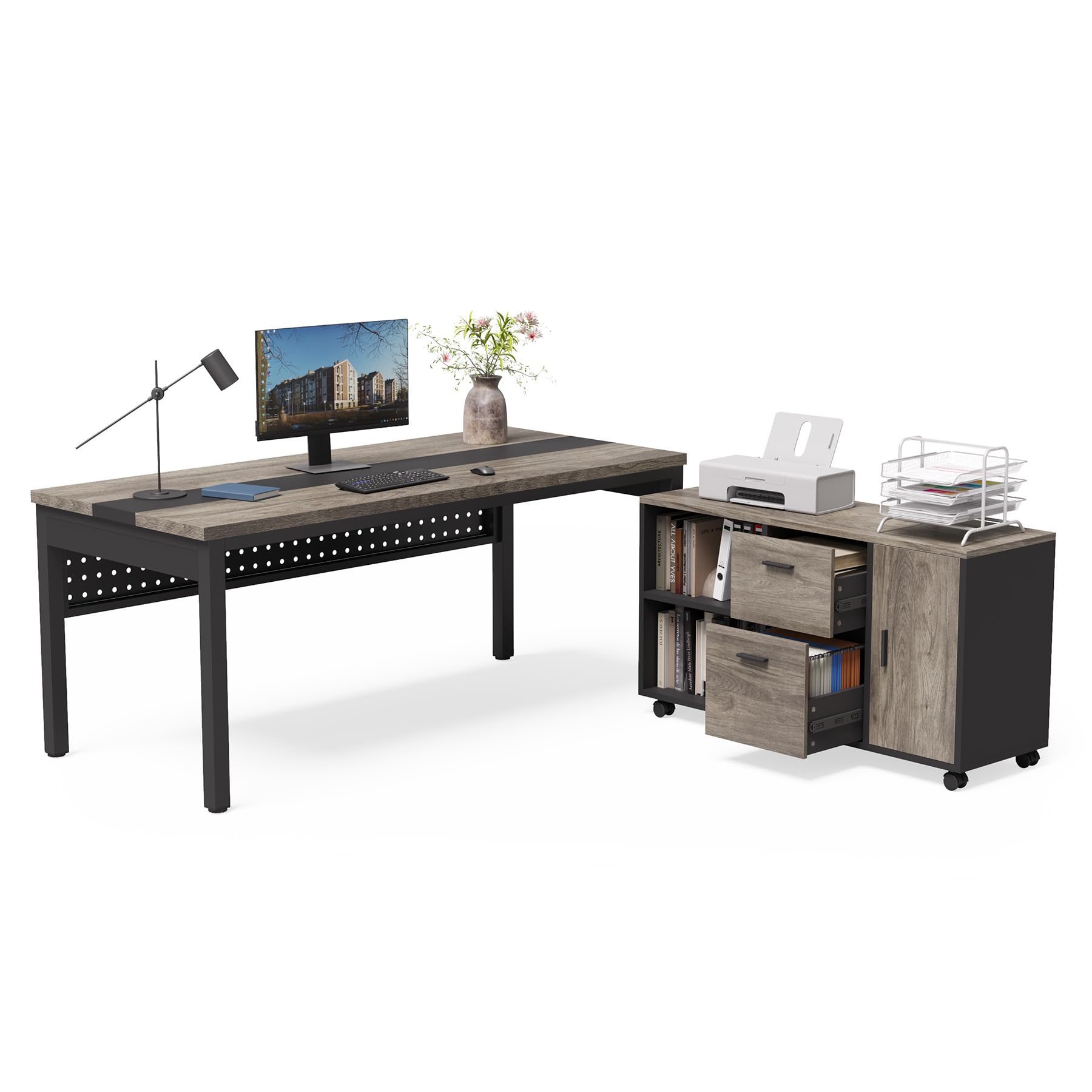 Photo 1 of *HEAVY* LITTLE TREE 70.8" Executive Desk with Lateral File Cabinet, Modern Thickened Wooden Workstation L-Shaped Computer Desk Large Home Office Writing Desk for Home Office