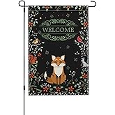 Welcome Garden Flag Forest Fox Double-Sided Rustic Linen Garden Flag, Charming woodland wreath Animal Outdoor Décor - 12x18" (Black)