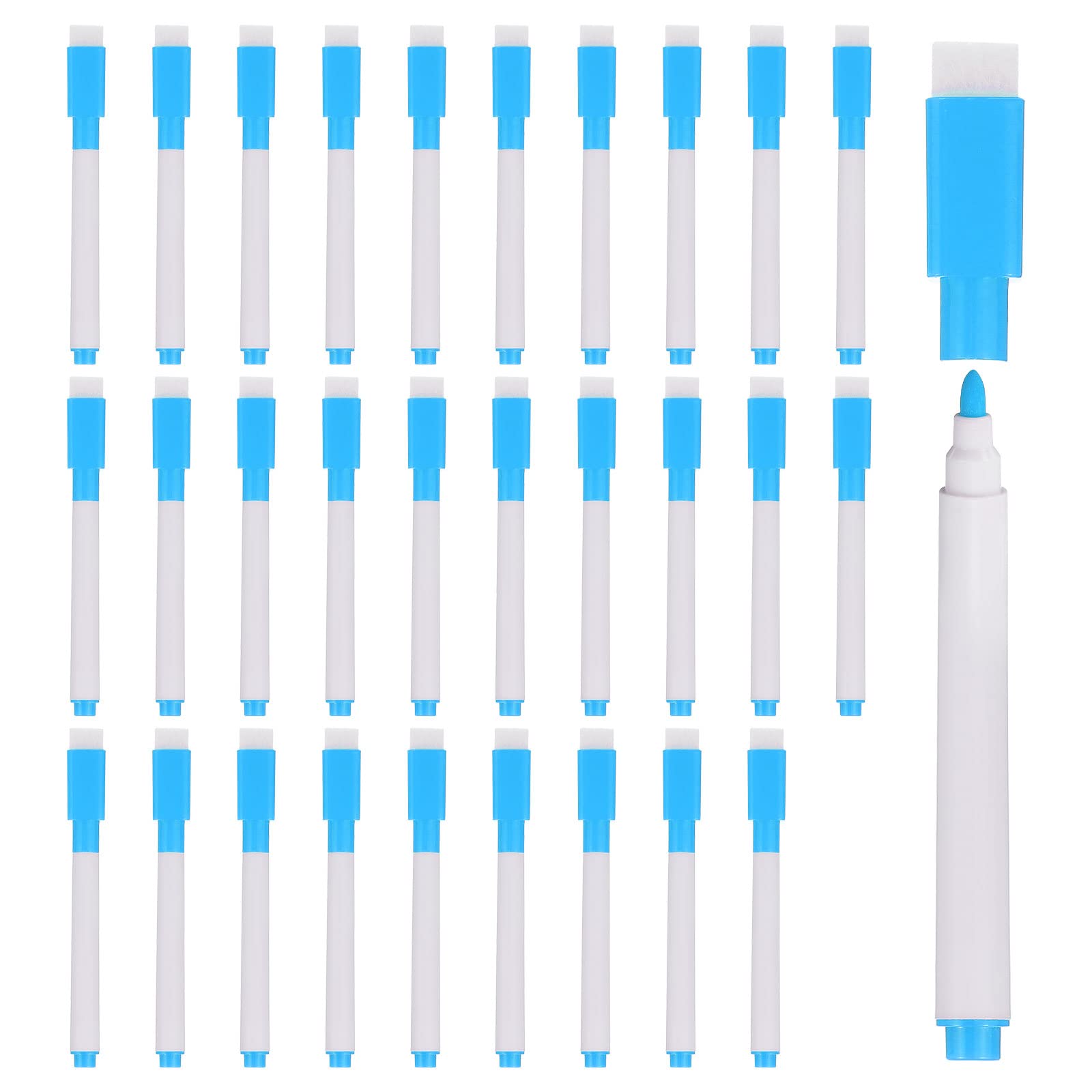 PATIKIL Dry Erase Marker Pens, 30 Pack Light Blue Ink Fine Point Low Odor Whiteboard with Eraser Cap for Office Home Classroom, White Pen Rod