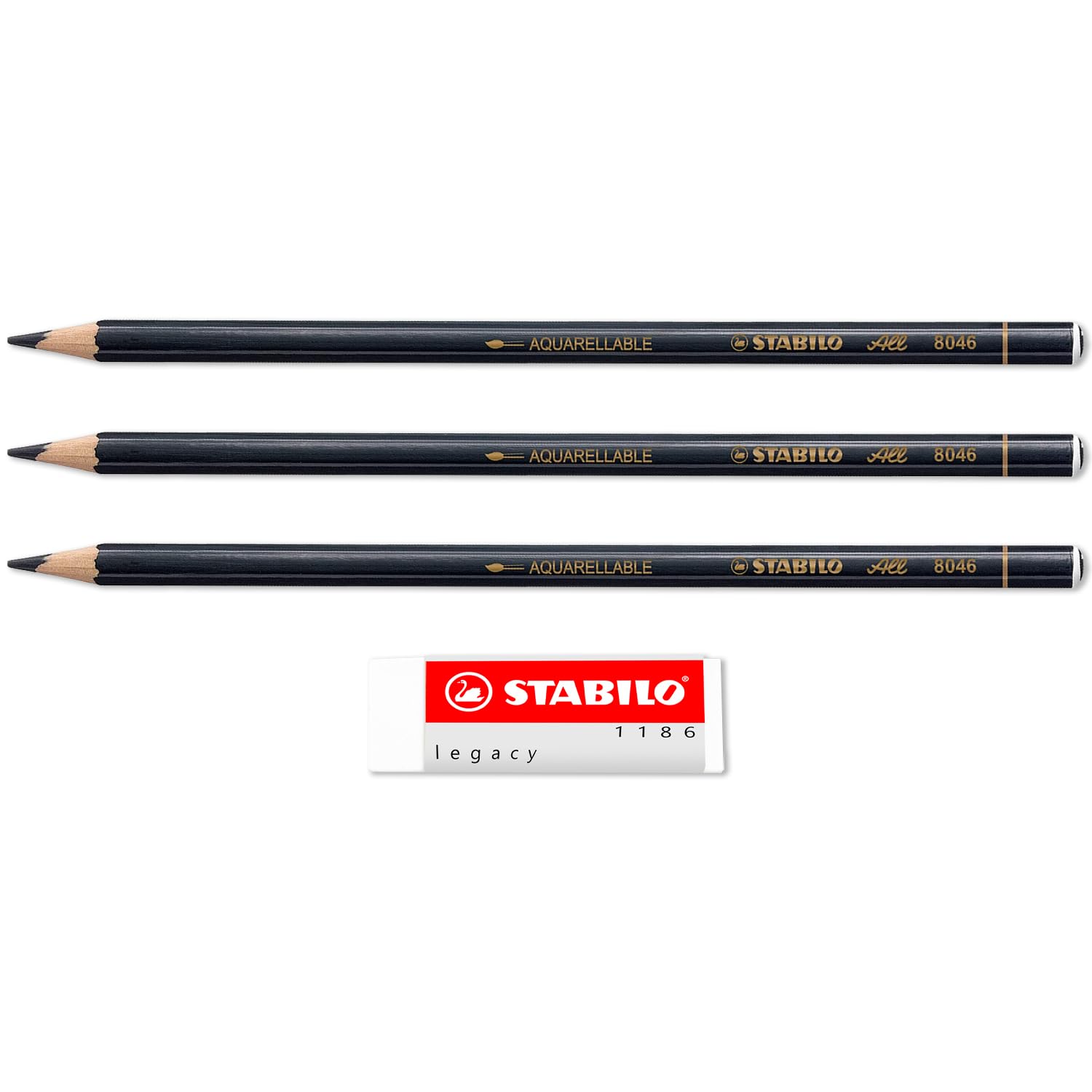 STABILO Coloured Pencil for Almost All Surfaces All - Pack of 4-3 x Black + Legacy Eraser