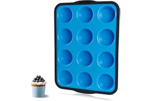 Aichoof Non-Stick Silicone Muffin Pan With Reinforced Stainless Steel Frame Inside,12 Cup Regular Muffin Baking Mold, 12 Cup Muffin Tin, BPA Free,Dishwasher Safe, Blue