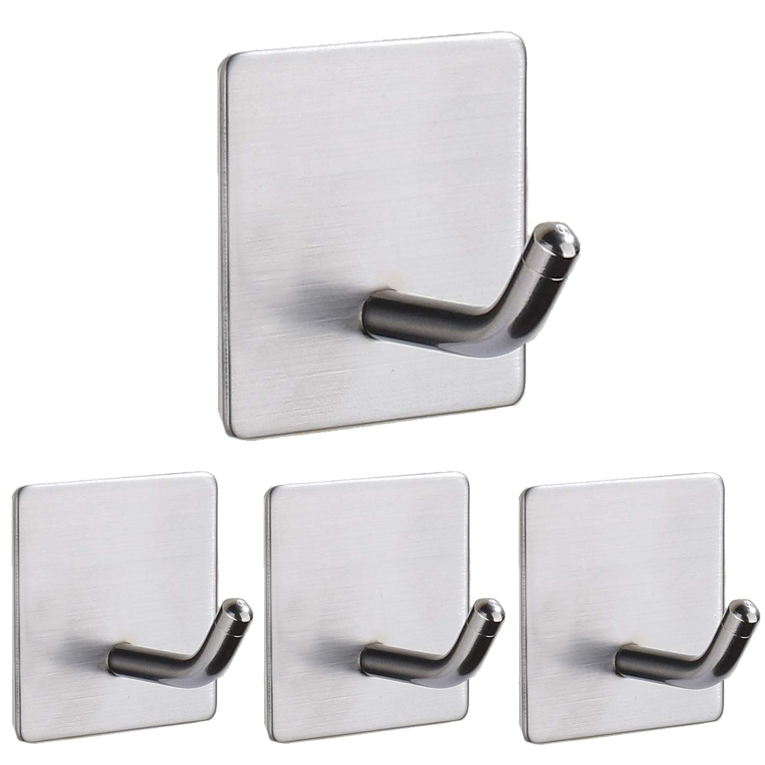 [4 Pack] Self Adhesive Hooks, TCHEER Stainless Steel Adhesive Door Hooks, Coat Hooks, Heavy Duty Sticky Hanger, Anti-Rust Waterproof Hooks Stick on Wall, Door, Bathroom, Kitchen, Office (Silver)