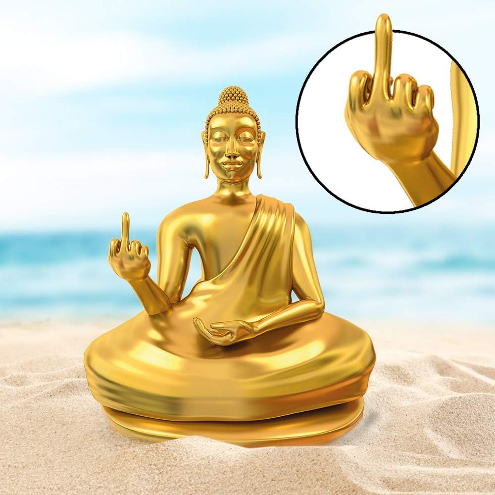 Statua dorata di buddha offensivo con dito medio alzato accessori zen insoliti statuetta divertente M-10038