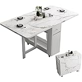 FUNROLUX Folding Dining Table with Storage, Kitchen Table for Small Spaces | Foldable, Drop Leaf, Movable, 4 Wheels, Space Saving, Extendable, Marble Texture Top, for Apartment Kitchen Living Room White