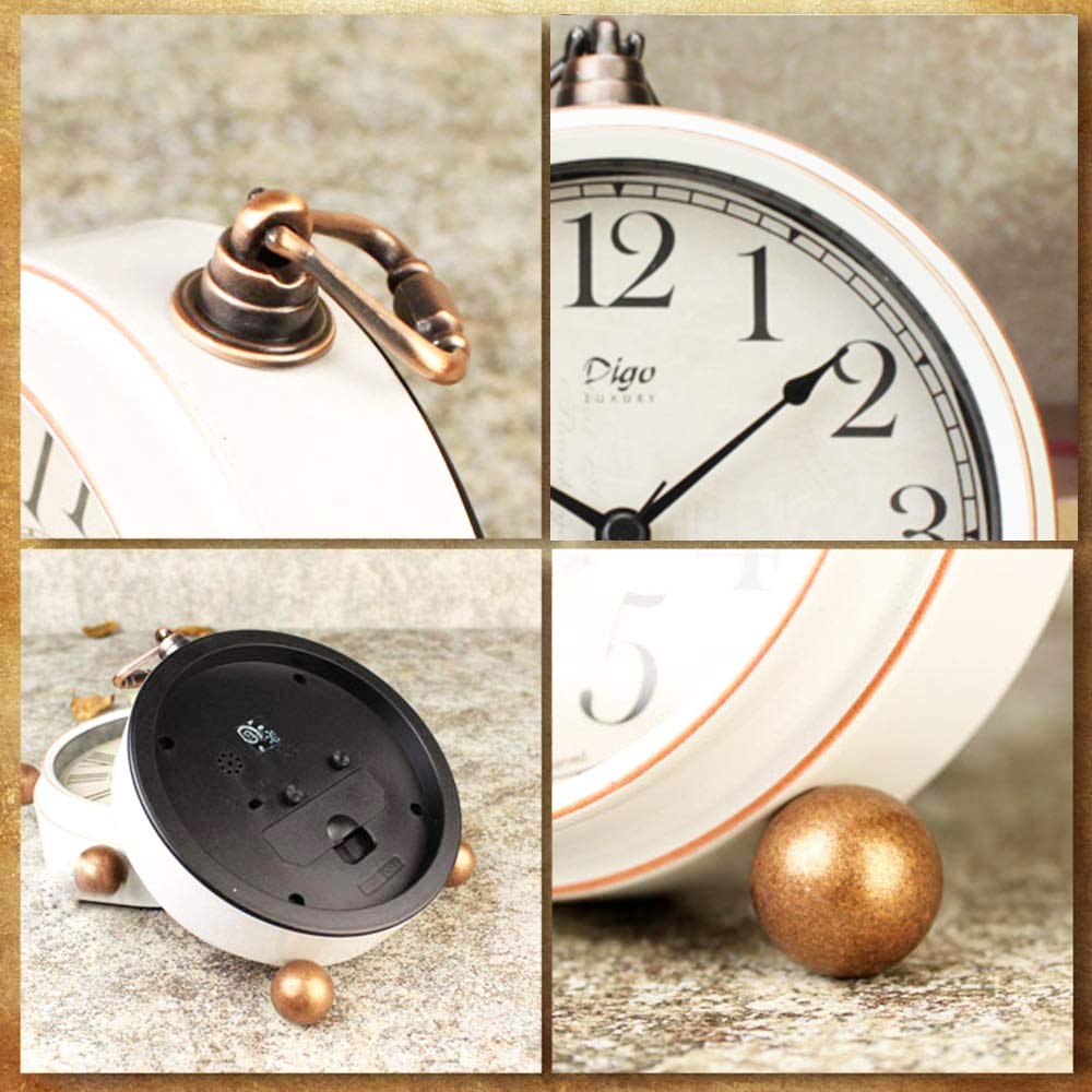 Justup Alarm Clock, 5.2 Inch White Vintage Retro Desk Analogue Quartz Clock with No Ticking, Silent, Battery Operated Quartz Movement, HD Glass for Bedroom/Living Room/Children (White)