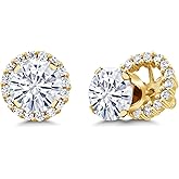 Gem Stone King 18K Yellow Gold Plated Silver Moissanite Stud Earrings with Jackets For Women (2.79 Cttw, Gemstone Birthstone, Round 7MM)
