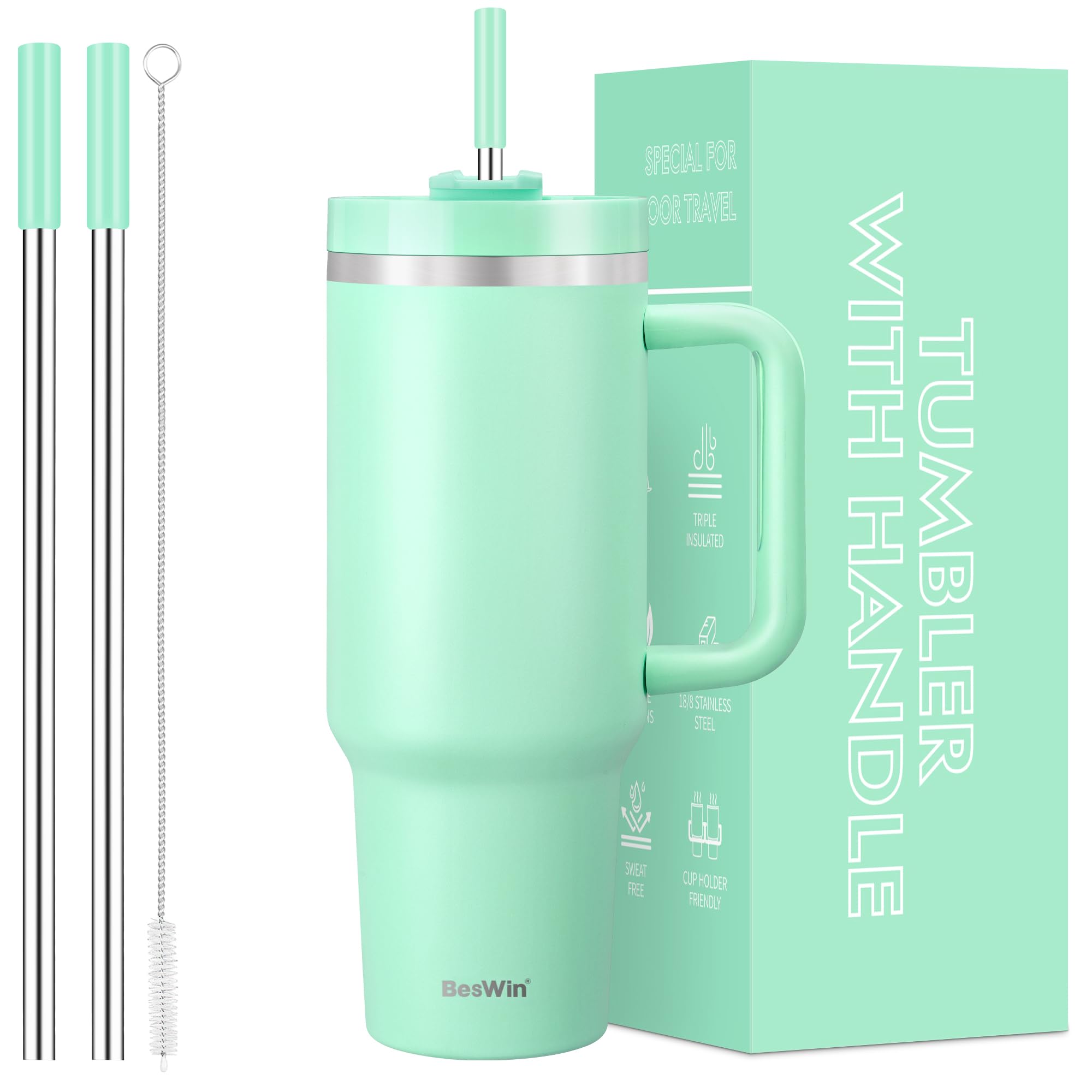 BesWin 40 oz Tumbler with Handle and Straw, 2 Lids (2 in 1 & Leakproof Lid) - Vacuum Insulated Stainless Steel Double Wall Water Bottle Travel Mug - Holiday Gifts for Women Men - Mint Green
