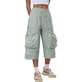 Aoysky Womens Wide Leg Cargo Pants Baggy Elastic Waist Drawstring Loose Cotton Workout Outdoor Capri Pants with Multi Pockets