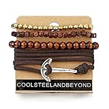 Mix 4 Brown Anchor Wrap Bracelets for Men Women, Multi-strand Wood Gold Beads Cotton Rope Wristbands