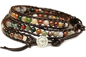 BLUEYES COLLECTION "Hot Mix Color India Agate Stainless Steel Snap Button Lock Genuine Leather Bracelet