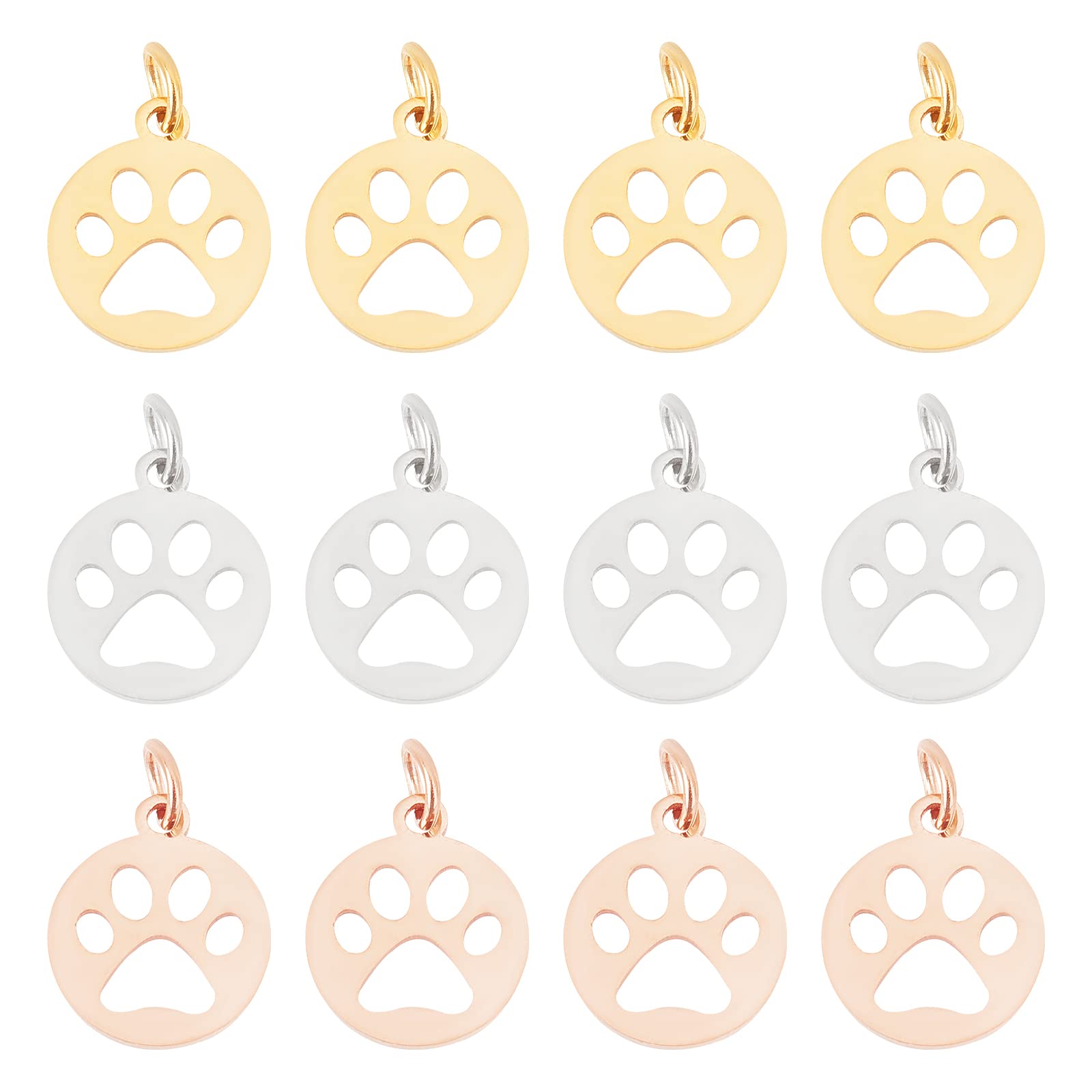 UNICRAFTALE 12pcs 3 Colors Flat Round with Dog Paw Prints Charms Metal Hollow Pendants Stainless Steel Pendants for Jewelry Making 4mm Hole