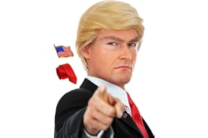 ALLAURA 3pc Donald Costume Kit – Blonde Wig, Red Tie, Flag Pin – Compatible with Pres Donald Wig Halloween Costume for Adults, Couples, Cosplay, Political Events, Parody Outfits, Toupee Wig Look