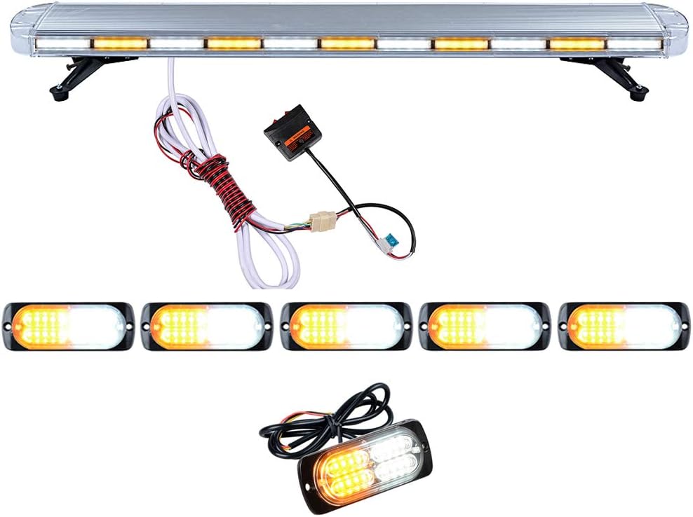 Set 1pc 51" 96-LED 96W Emergency Warning Security & 6pcs Super Thin 20 LED Construction Hazard Dash Grille mini Strobe Light Bar Tow Truck Respone (AMBER/WHITE)