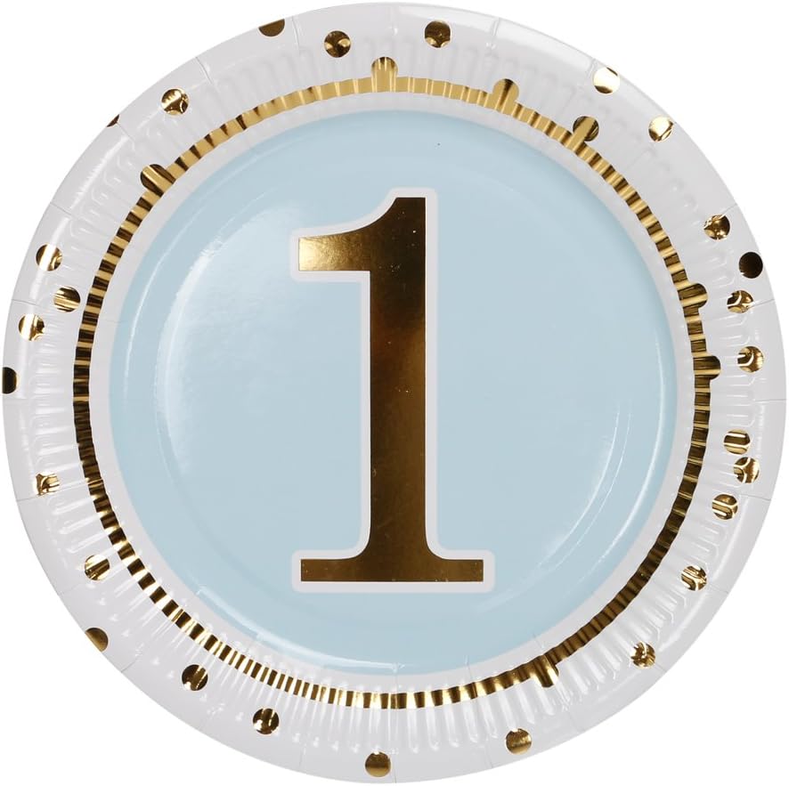 Geeklife 1st Birthday Boy Paper Plates,Cute Blue Birthday Party Plates, 9 inch Gold Paper Party Plates, 20 PCS Lively Decorative Paper Plates Set