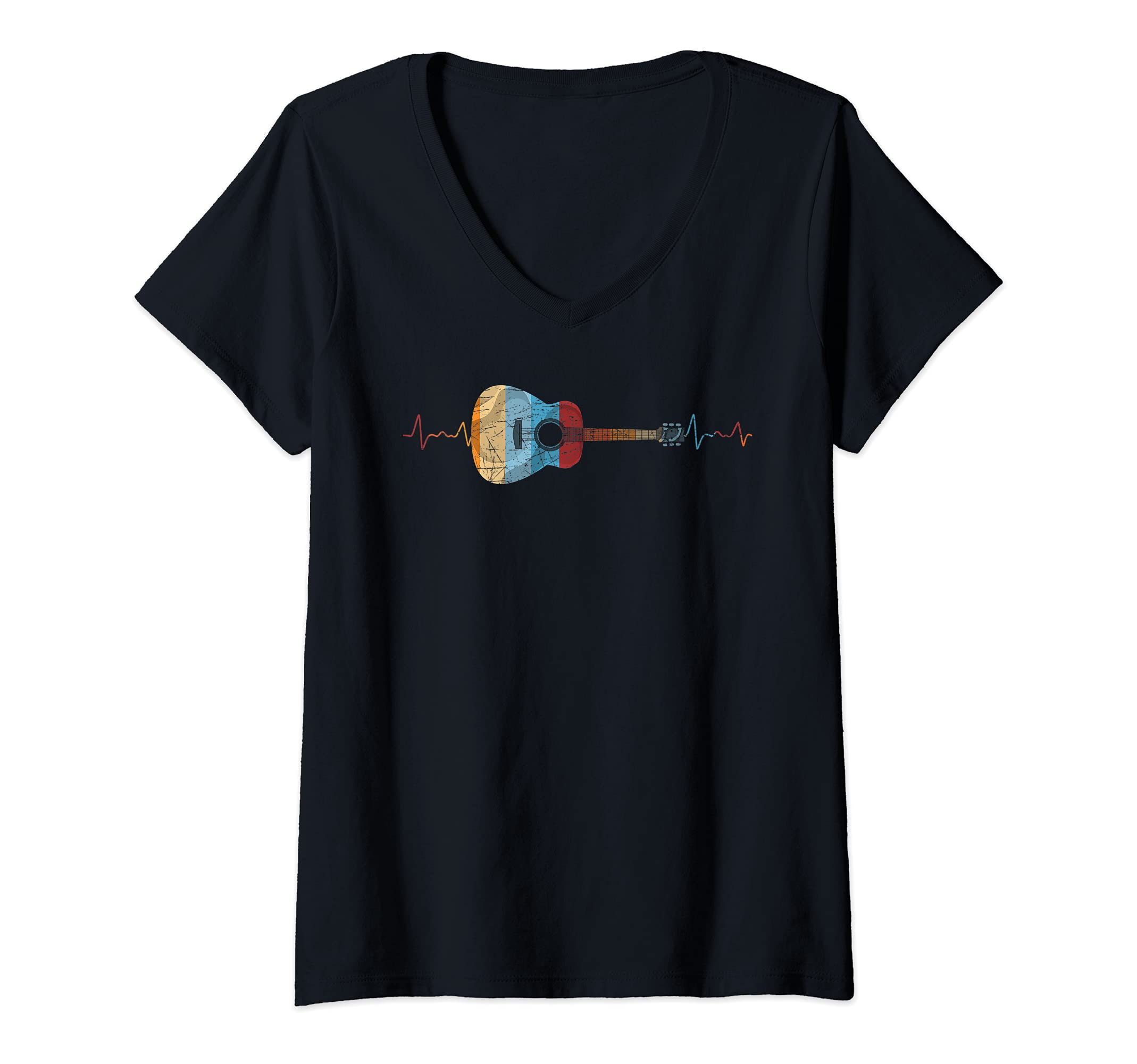 Womens Guitar Player Guitarist Heartbeat Retro Acoustic Guitar V-Neck T-Shirt