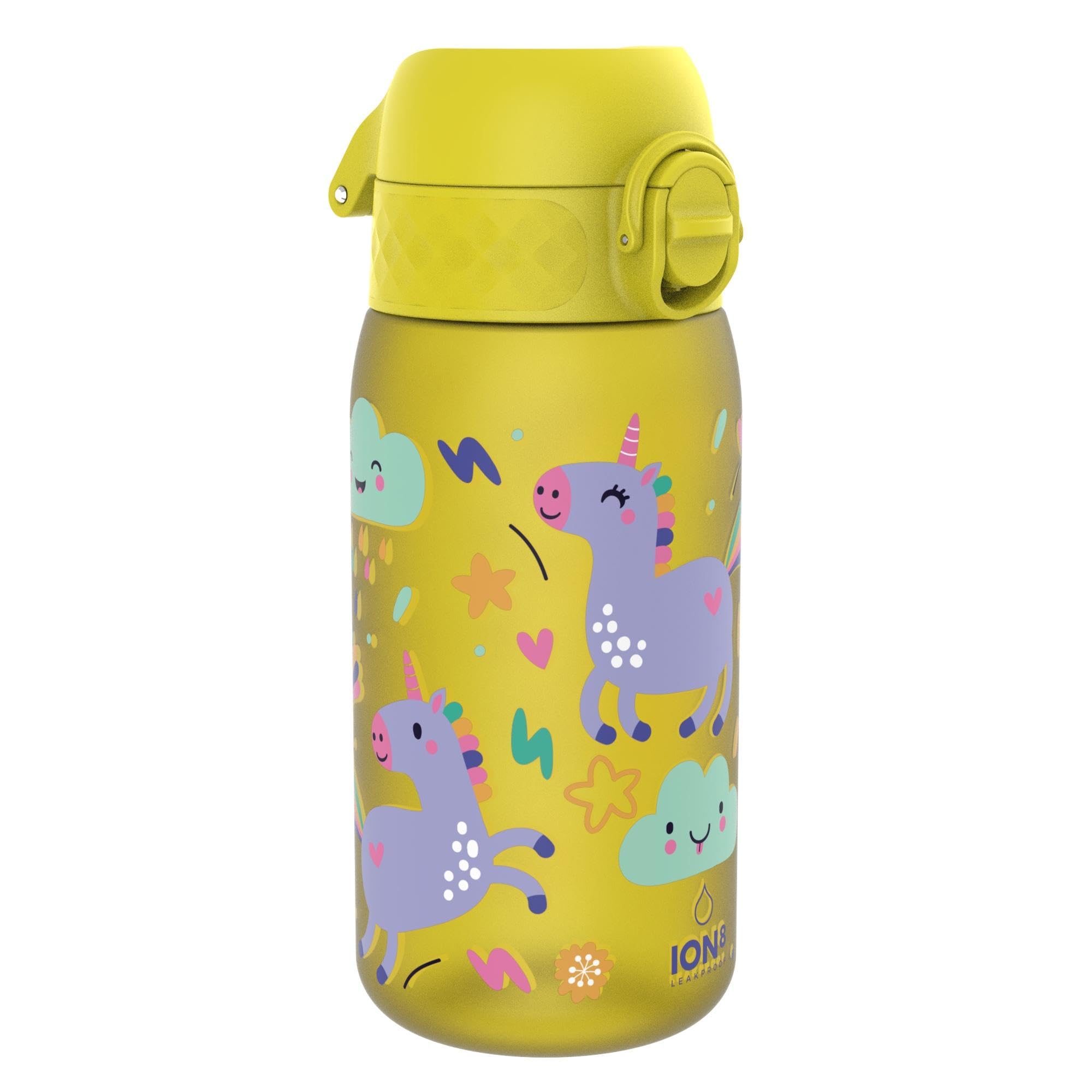 Ion8 Kids Water Bottles, BPA Free, Leakproof, Dishwasher Safe, Easy Open, Secure Lock, Small Boys & Girls Water Bottle,Kids Drinks Bottle for Spill-free Drinking, Yellow, Unicorns, 350ml/12oz
