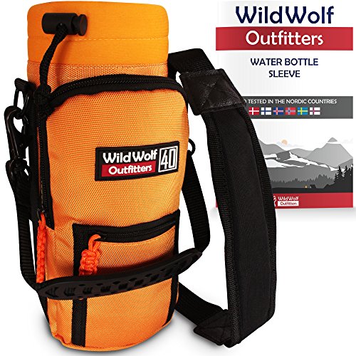 Wild Wolf Outfitters -#1 Best Orange Water Bottle Holder for 40oz Bottles - Carry, Protect and Insulate Your Flask with This Military Grade Sleeve w/ 2 Pockets and an Adjustable Padded Shoulder Strap