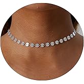 CAROVO Dainty Gold Chain Choker Necklace for Women 18K Gold Plated Minimalist Figaro Beaded Lace Satellite Coin Chain Necklace Delicate Choker Jewelry Gifts for Women