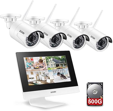 ZOSI 4CH 1080P Surveillance Wireless Camera with Monitor,10 Inch LCD