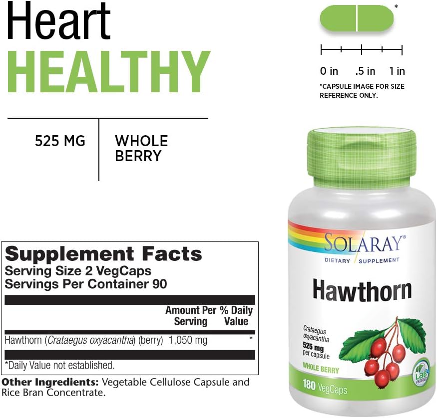 Solaray Hawthorn Berry 525mg | Healthy Cardiovascular Function & Normal, Healthy Circulation | Whole Berry | Non-GMO & Vegan | 180 VegCaps: Health & Personal Care