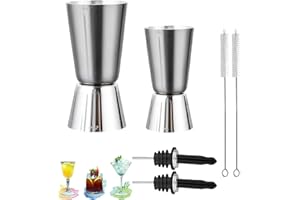 FINEPOTY Jigger, 2 PCS Dual Measurement Spirit Tool，2 PCS Wine Pourer，2 PCS Straw Brush ，Easy to Clean, Perfect for Home Bars