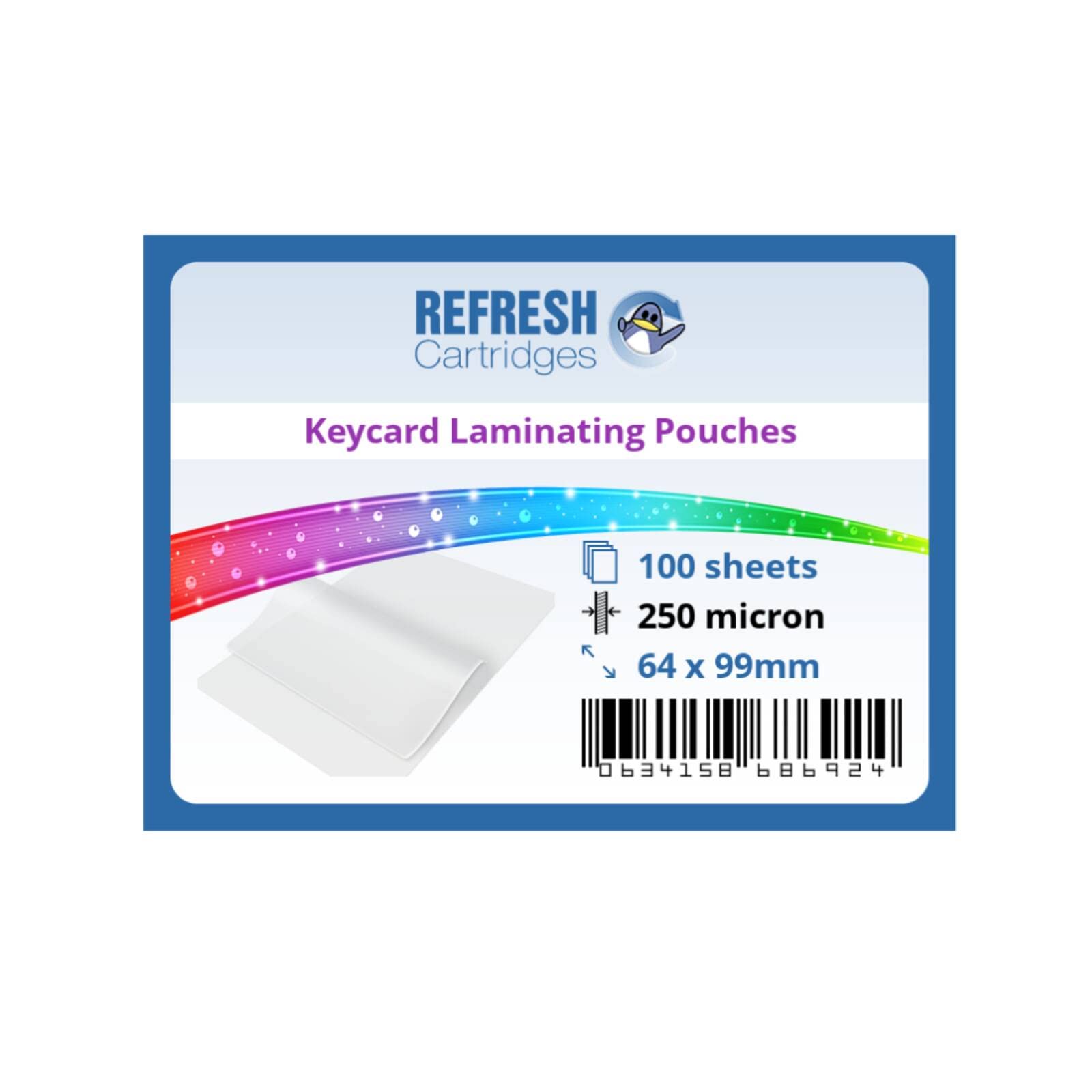 Refresh Cartridges Laminating Pouches Keycard Size (64x99mm) 250 Micron - Pack of 100 Sheets (Glossy)