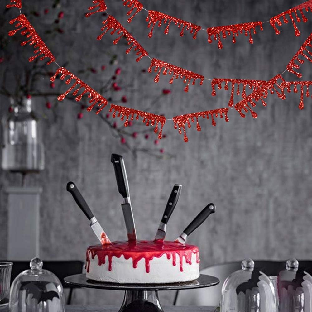 Glittery Bloody Garland Kit for Halloween Party Decoration Red Crimson Blood Drip Drop Banner Evil Psychic Vampire Themed Decor Hanging Bunting Banner for Birthday - Image 5
