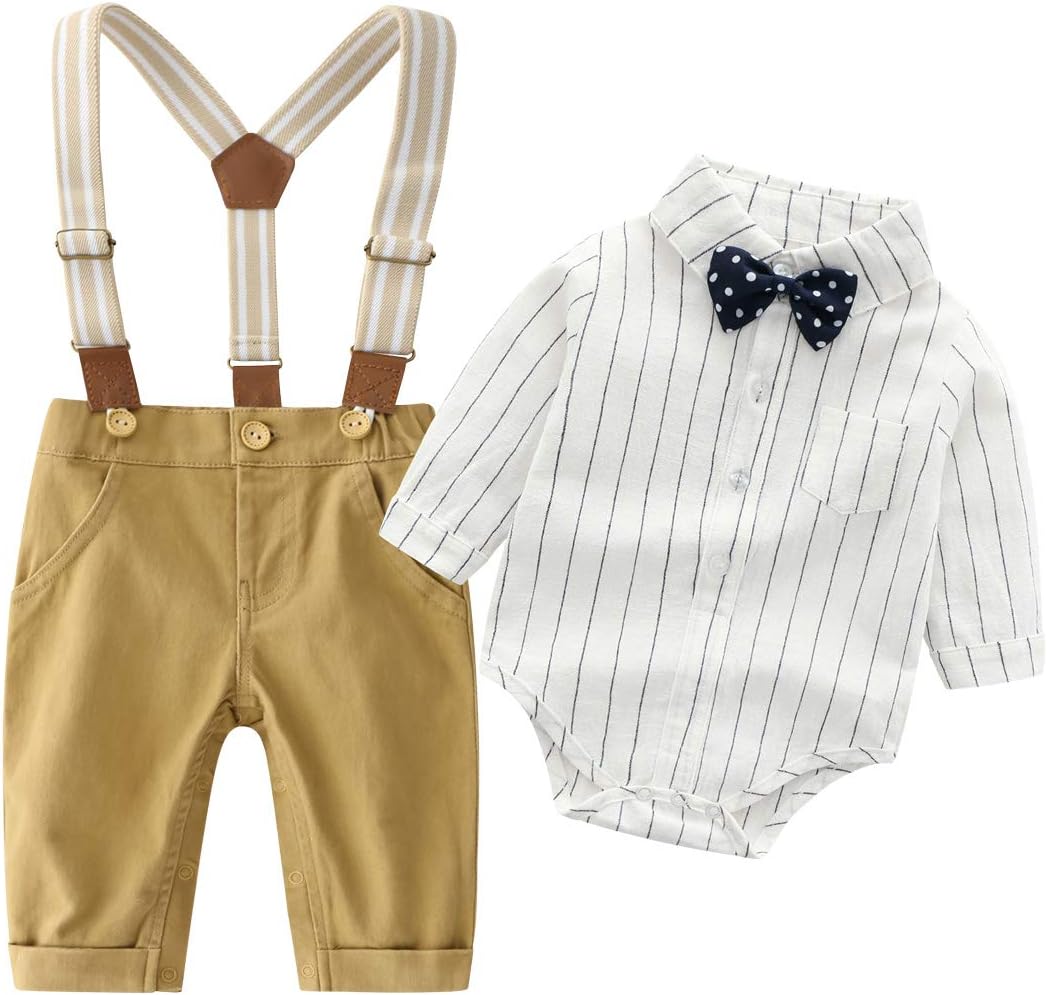 Baby Boys Gentleman Outfits Suits, Infant Long Sleeve Shirt+Bib Pants+Bow Tie Overalls Clothes Set