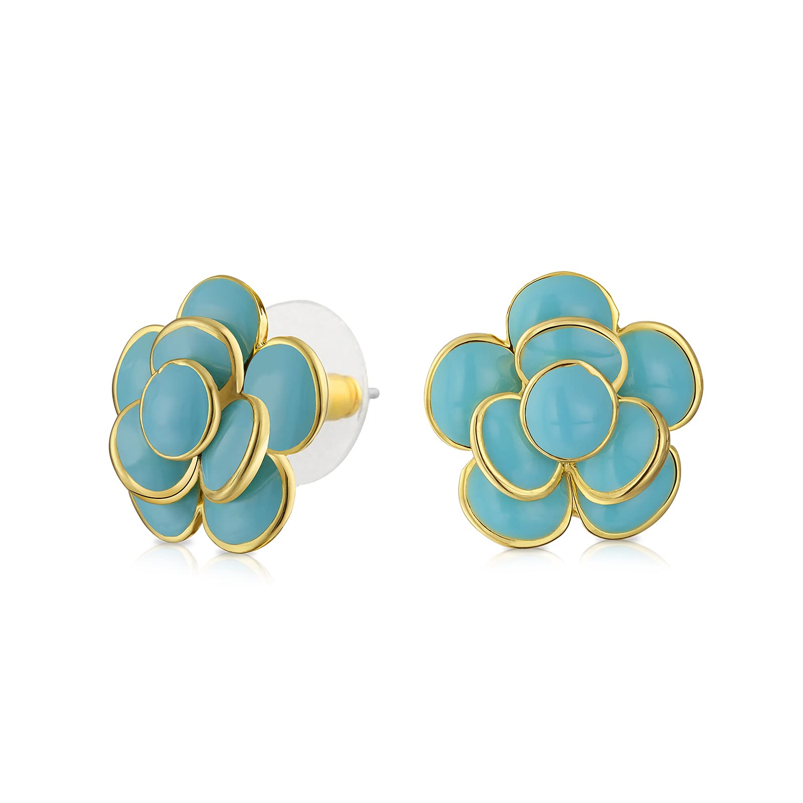 Simulated Turquoise Blue Enamel Button Style 3D Rose Flower Spring Retro Stud Earrings For Women Pierced Ears Gold Plated Brass