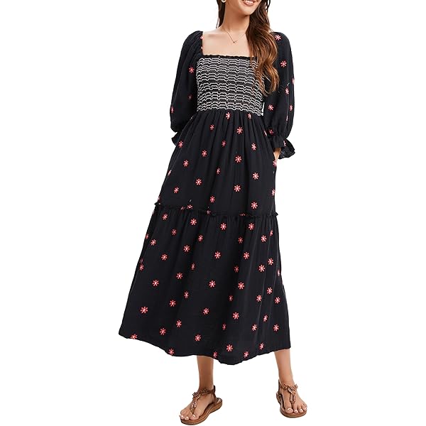 Willow Dance Women Casual Bohemian Floral Dress Square Neck Ruffle Swing A  Line Long Sleeve Beach Maxi Dress with Pockets Apricot S at Amazon Women's  Clothing store