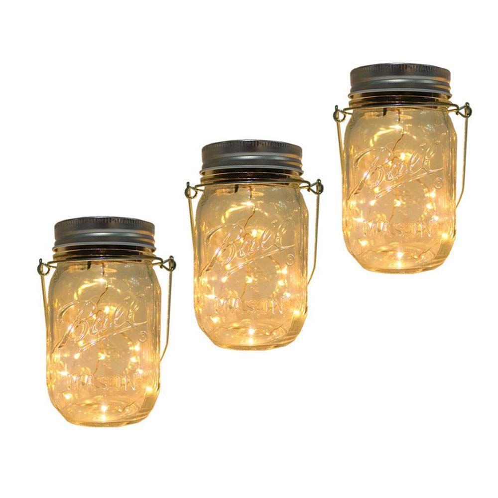 Solar Mason Jar Lantern Light, 3 Pack 20 Led String Starry Hanging Lamp, Fairy Firefly Lights Kit for Patio Garden Wedding Table Decor with Mason Jar & Hanger