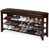 AQUGQ 3-Tier Shoe Bench 47" Solid Wood Leather Cushion Shoe Storage Bench | Shoe Organizer Bench,Suitable for entryways, closets, hallways,foyers,Comfortable, soft cushions and walnut-colored finish