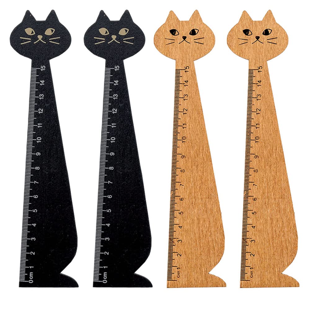 2 Colors Wood Ruler Set - 4 Piece Creative Cat Styling Tool for Students, Kids, Children, Girls (Brown and Black)