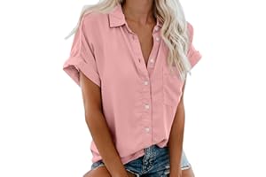DAZLOR Short Sleeve Button Up Shirts for Women Loose V Neck Collared Casual Work Blouses Plain Basic Summer Beach Tops Pocket
