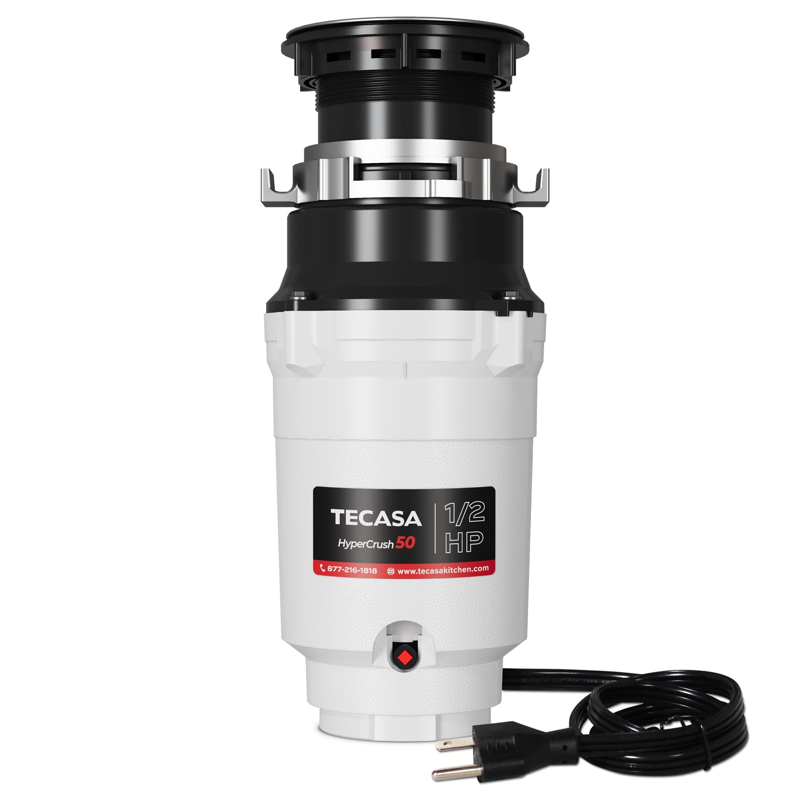 1/2 HP Garbage Disposal, TECASA Power Cord Included, Continuous-Feed Stainless Steel Food Waste Grinding System for Kitchen Sink Disposal, White and Black, HyperCrush 50