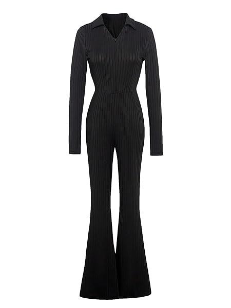 COZYEASE GIRLS’ FLARE LEG ONE PIECE JUMPSUIT LONG SLEEVE RIBBED KNIT ZIP UP COLLAR V NECK ROMPER JUMPSUIT FALL OUTFITS BLACK 12-13Y-CEHGJ20240925