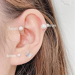 Small Pearl Stud Earrings Flat Screw Back,Silver