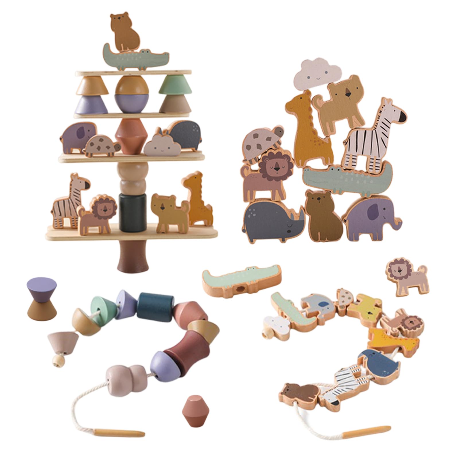 Smartwo Wooden Animal Threading and Stacking Toys for 2 3 4 5 Years Old, 30PCS Montessori Lacing Beads and Building Blocks for Toddlers, Kids Travel Toys, Fine Motor Skill Activity, Girl Boy Gift