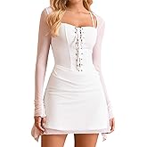GLNEGE Women's Sexy Long Sleeve Bodycon Corset Mini Dresses Lace Up Ruffle Club Outfit Cocktail Party Going Out Dress