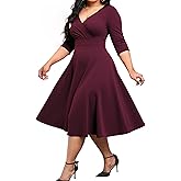Womens Plus Size Dresses Faux Wrap Summer Dress 3/4 Sleeves V Neck 1950s Retro Vintage Wedding Party Midi Dress