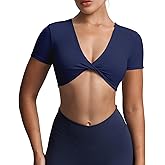 Aoxjox Short Sleeve Crop Tops for Women Sienna Twist Deep V Workout Cropped T Shirt Top