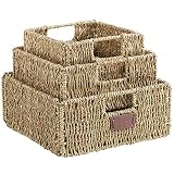 VonHaus Set of 3 Square Seagrass Storage Baskets with Insert Handles Ideal for Bathroom and Home Organization ,Brown ,Set of 3 Seagrass