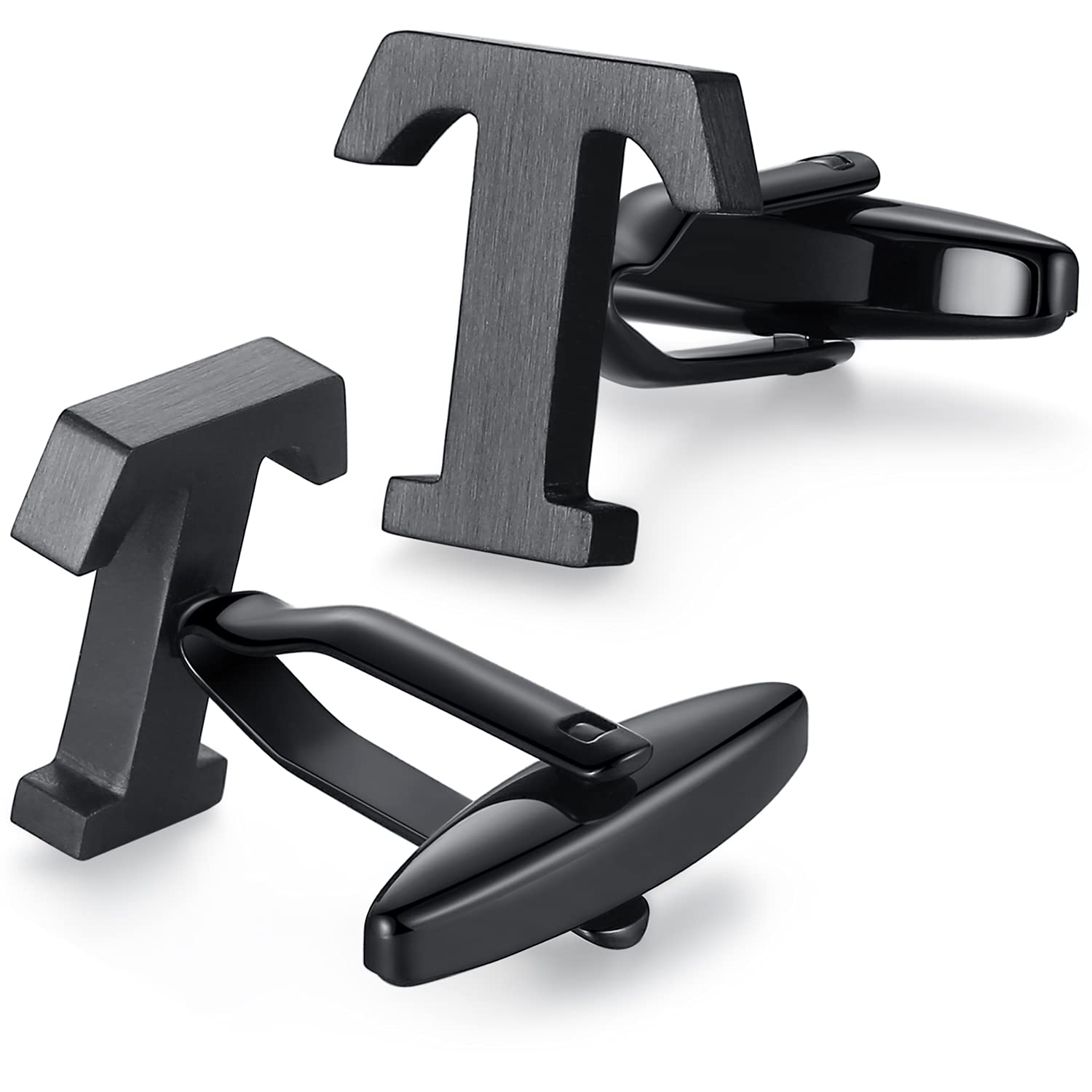 HONEY BEAR Mens Initial Alphabet Letter Cufflinks,Stainless Steel for Wedding Formal Business Gift (T-Black)